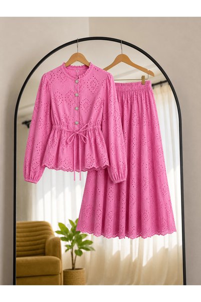 Hepsi Moda Pearl Buttoned Scallop Skirt Set - Af - 7019 - Pink