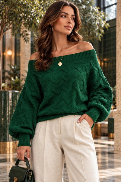 moda wanilia Women's Madonna Collar Balloon Sleeve Knitted Patterned Knitwear...