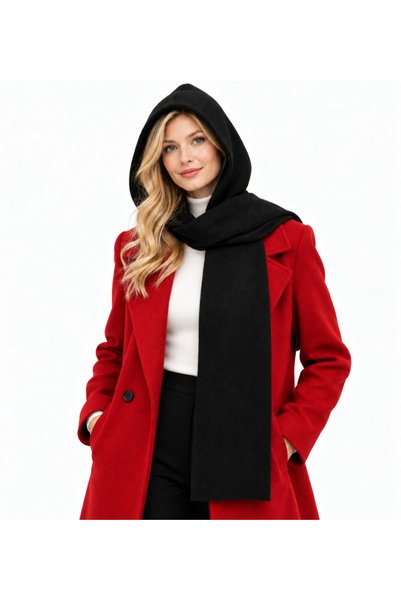 Pena Women's Black Soft Yarn Hooded Scarf-Balaclava-Knitted Scarf 32119