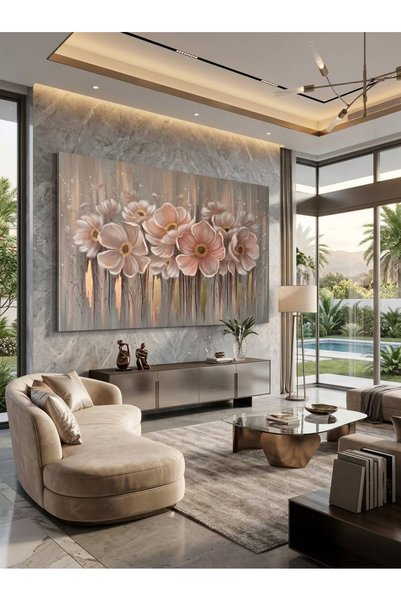zeyrada Premium Özel Tasarım Modern 3D Efektli Pudra Pembesi Çiçekli ve Altın...