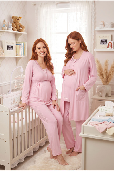 JENİKA Kadın Hamile Lohusa 3’lü Pijama Seti – Şık Dantel ve Pratik Düğme Detaylı