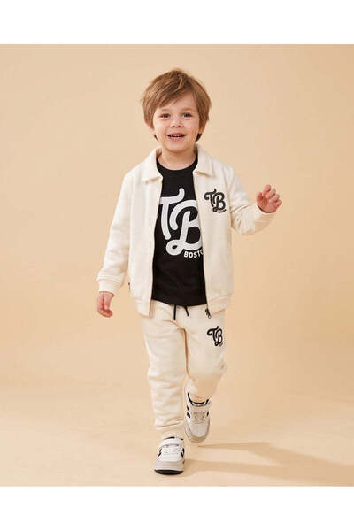 REDTAG Boys White Printed Zip-Up Jacket And Joggers Set