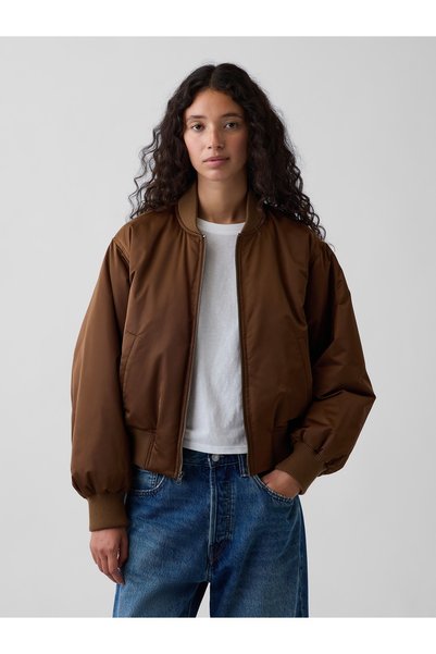 GAP Kadın Kahverengi Padded Saten Bomber Ceket