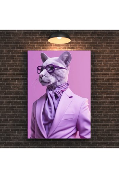 Mor Gözlüklü Ve Ceketli Pembe Panter Tasarımlı Kanvas Tablo - Pop Art Modern Duvar Dekoru