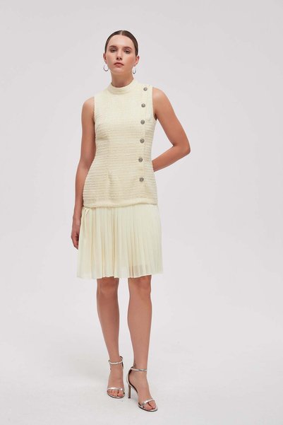 mica Side Button Pleated Short Dress