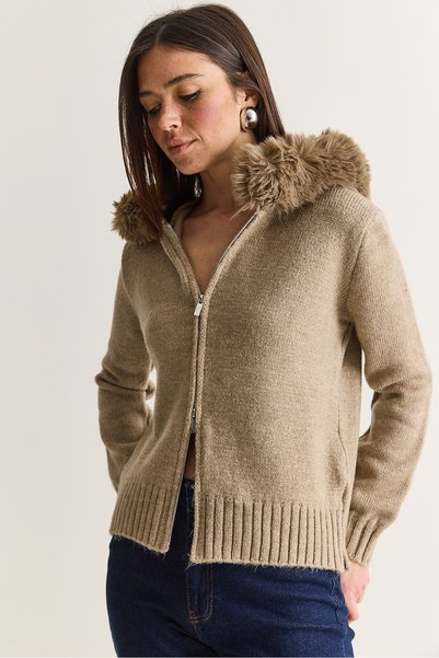 Bianco Lucci Women's Fur Detailed Hooded Reversible Zippered Knitwear Cardiga...