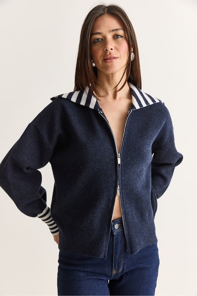 Bianco Lucci Kadın Lacivert Çizgili Şal Yaka Çift Yönlü Fermuarlı Oversize Triko Hırka TH261088 60286728