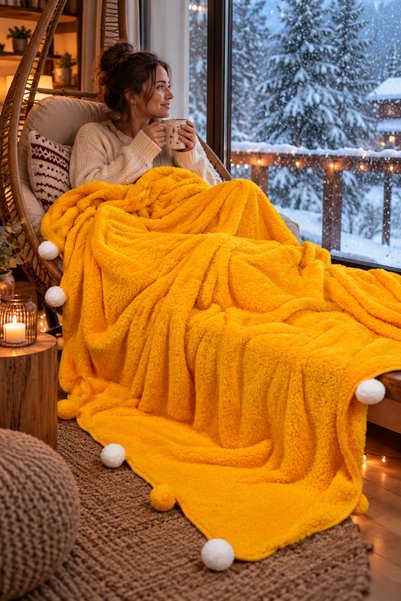 Pabtex Single Person Pompom Blanket, Soft Textured Decorative Tv and Sofa Bla...