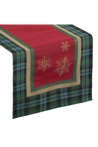 Eurofirany Fata de masa decorativa 45x140 rosu verde cu carouri fulgii de zapada