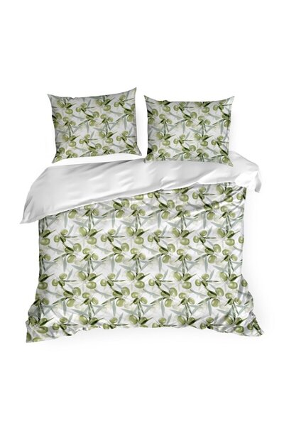 Eurofirany Lenjerie de pat satinat SPRING, 160x200cm, alb-verde, motiv olii, ...