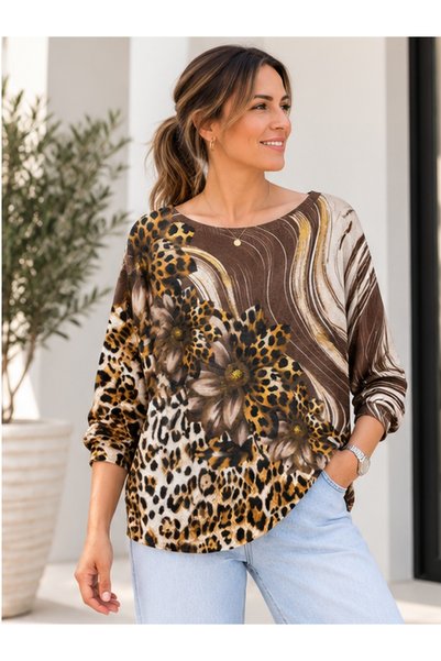 MARWARİ OTANTİK BUTİK Women's Italian Digital Print Leopard Pattern Long Slee...