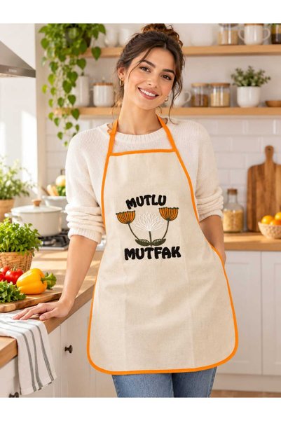 EVİNİZİNRİTMİ مريلة مطبخ موتلو مفتاك المزينة بكتابة "Mutlu Mutfak" - لون برتقالي كريمي، مريلة مزينة بتطريز الزهور للنساء، مريلة مطبخ زينة للعروس 70 × 47 سم