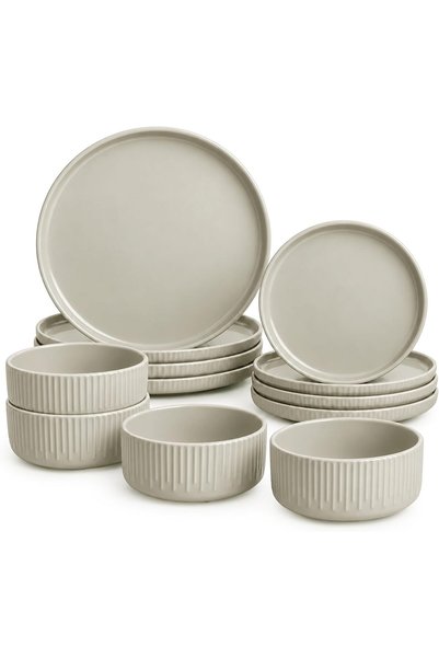 SHALLOW HARPER 12 Piece Stoneware Dinner Set, Taupe Color