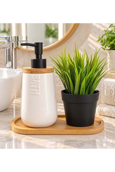 MODA OZY Bambu Stantlı 500 ml Seramik Sabunluk (Sazlık Çiçek Hediyeli) 1Adet Sabunluk