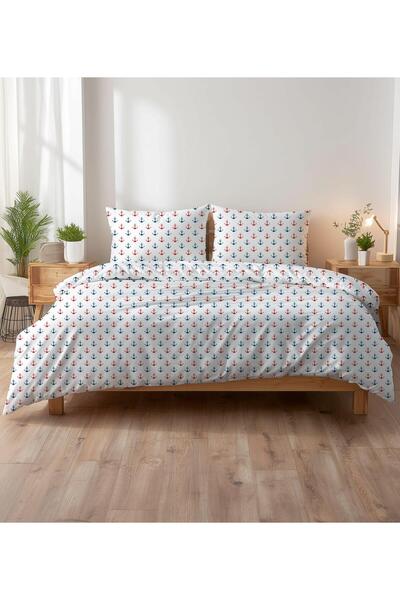 Karo Lenjerie de pat din bumbac 180x200cm, Karo, alb cu ancore rosu-albastre,...