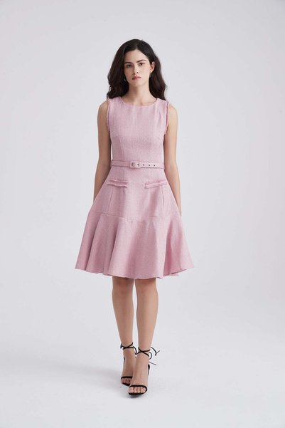 Yola Sleeveless Belted Dress with Frayed Trim