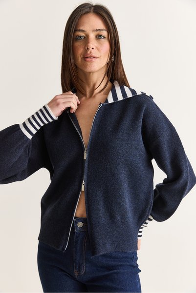 Bianco Lucci Kadın Lacivert Çizgili Şal Yaka Çift Yönlü Fermuarlı Oversize Triko Hırka TH261088 60286728