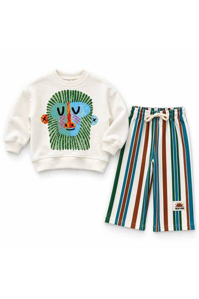YİGİT BUTİK Erkek Çocuk Aslan Baskılı Sweatshirt ve Çizgili Pantolon Takımı 3 İplik Şardonsuz