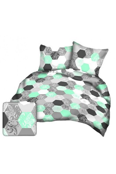 Karo Set lenjerie de pat Karo, 200x220cm, gri menta cu hexagoane, bumbac, 3 p...
