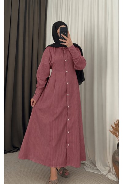 Hepsi Moda Slim Striped Dress with Front Ruffle Detail - Burgundy & White (S)