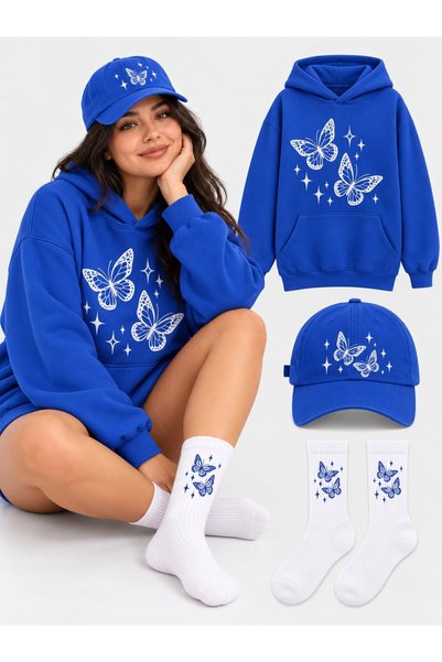 HAI COLLECTİON سترة رياضية كبيرة الحجم بغطاء للرأس باللون الأزرق، مجموعة من 3...