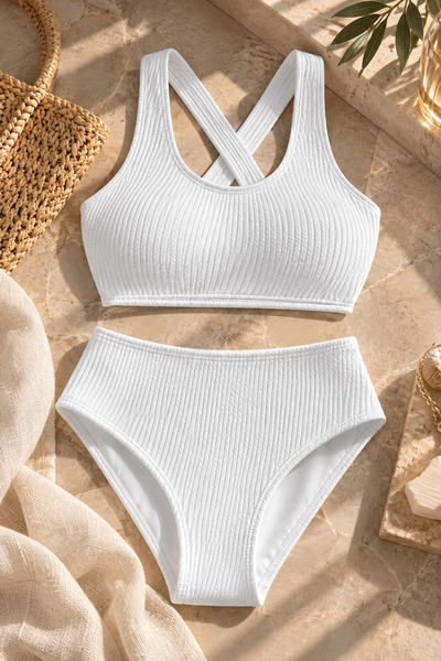Beyaz Fitilli Çapraz Askılı iç çamaşırı Bikini Takımı Yüksek Alt Üst Kadın