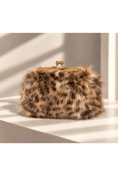 Noave Collection Leopar Desenli Peluş Kadın El ve Omuz Çantası