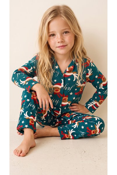 Arzey New Year's Patterned Suede Girls' Long Sleeve Pajama Set with Front But...