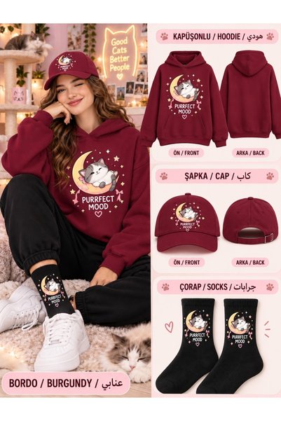HAI COLLECTİON Hooded Oversize Sweatshirt Claret Red Unisex Set of 3 Hat and ...
