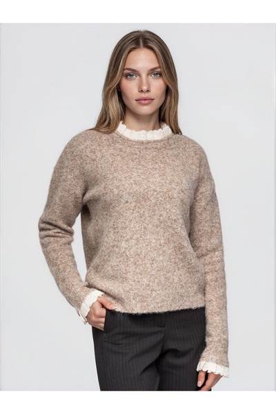 OMBRE Damenpullover, Hüftlänge, Rundhalsausschnitt, Rüschen- und Lochstickere...