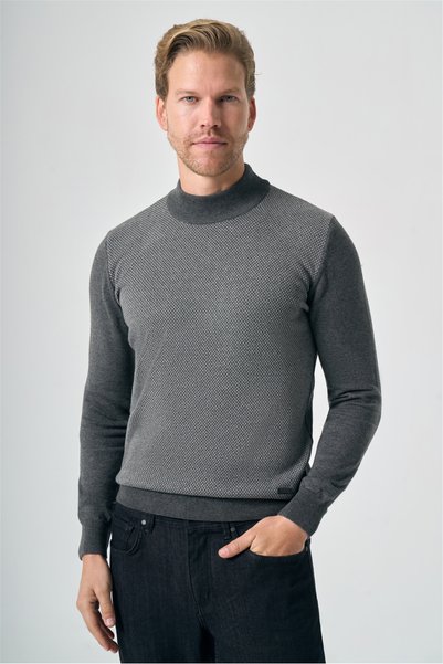 İmza Smoked Gray Turtleneck Long Sleeve Knitted Comfort Fit Cotton Sweater 10...