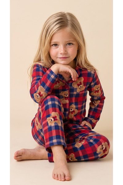 Arzey Plaid Teddy Bear Patterned Suede Girls' Front Buttoned Long Sleeve Paja...