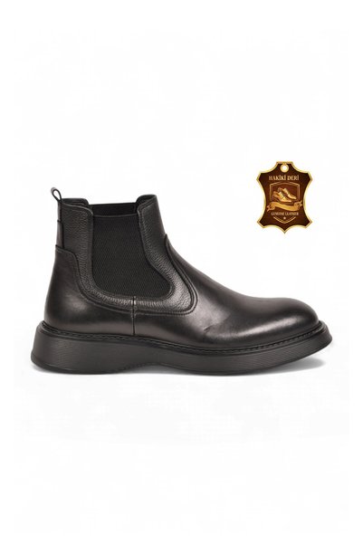 AYAKMOD Stylish Comfortable Black Genuine Leather Men's Chelsea Boots with Ru...