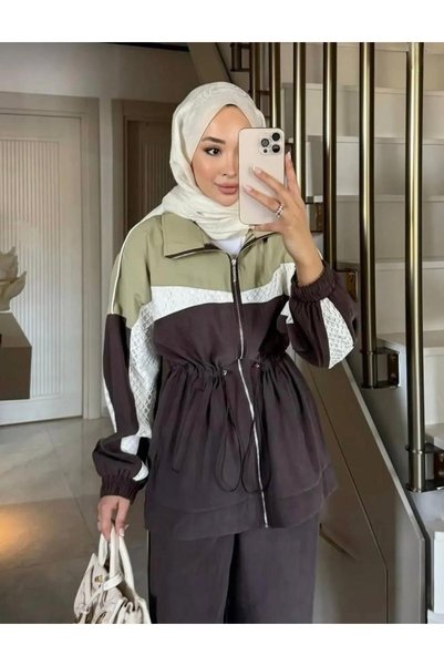 Rose Design Boutique Kadın Oversize Dik Yaka Fermuarlı Uzun Kollu Renk Bloklu...