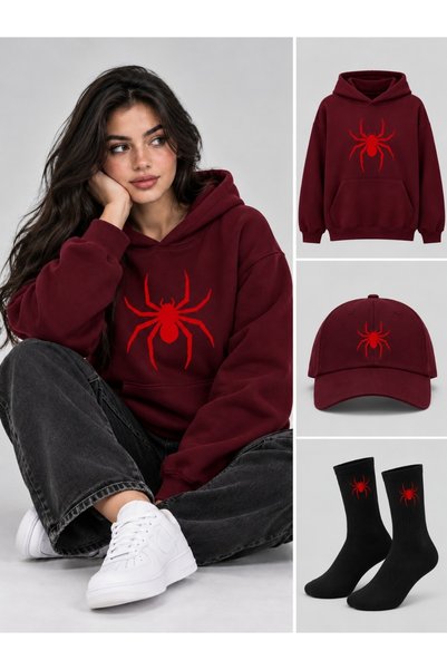 HAI COLLECTİON سويت شيرت كبير الحجم بغطاء للرأس باللون الأحمر الداكن للجنسين،...