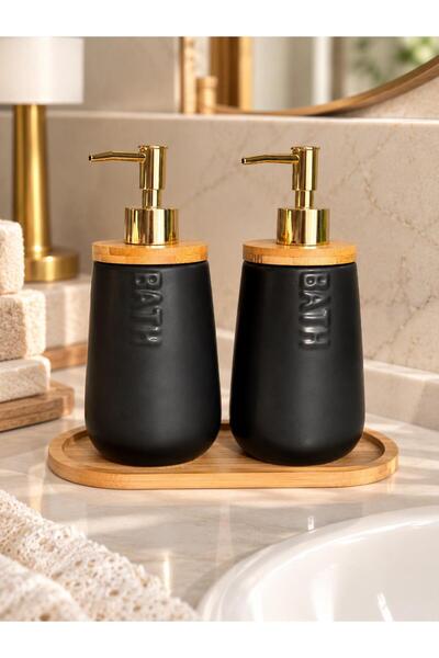 MODA OZY 2li Bambu Stantlı Seramik Sabunluk 500 ml Banyo Düzenleyici Set