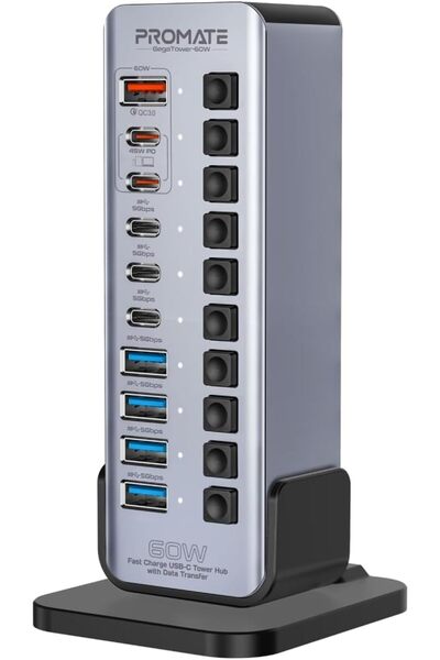 Promate موزع USB-C متعدد المنافذ 14 في 1 بقوة 60 واط، مع (3) منافذ USB-C بسرع...