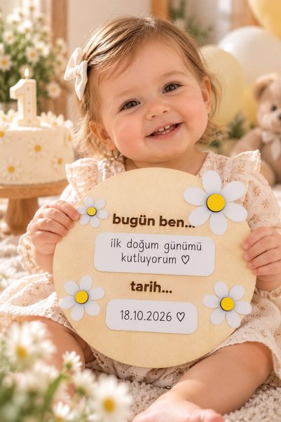 SOLIS DESIGN Baby First Memories Board 18X18 cm |   Papatyalı Wooden and Plexiglass Writable Photo Shooting Disc