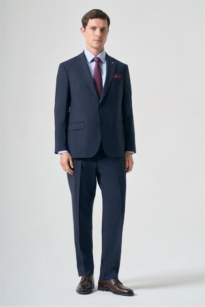 İmza Navy Blue Mono Collar Striped 4 Drop Comfort Fit Full Lining Wool Suit 1...