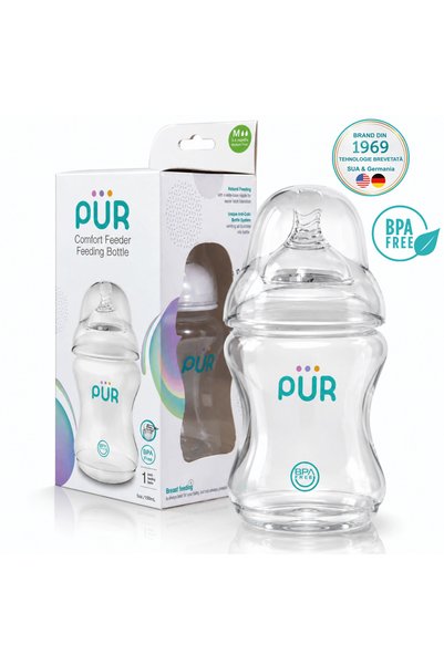 PUR Brand PUR ®   Biberon Confort Anti-Colici, Gât Larg, 150 ml, Tetina din S...