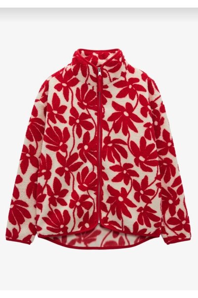 VIORA FASHION Red Floral Patterned Zippered Fleece Jacket