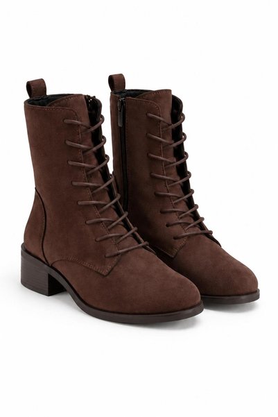 Solo Bag Lara Brown Suede Women's Daily Lace-Up Zippered Round Toe Short Heel...