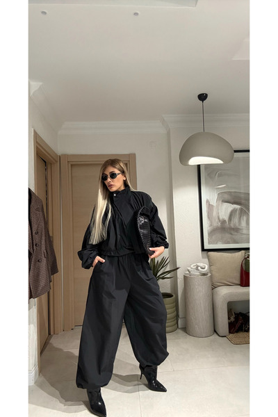 liya butik Siyah Büzgülü Bomber Ceket Pantolon Takım