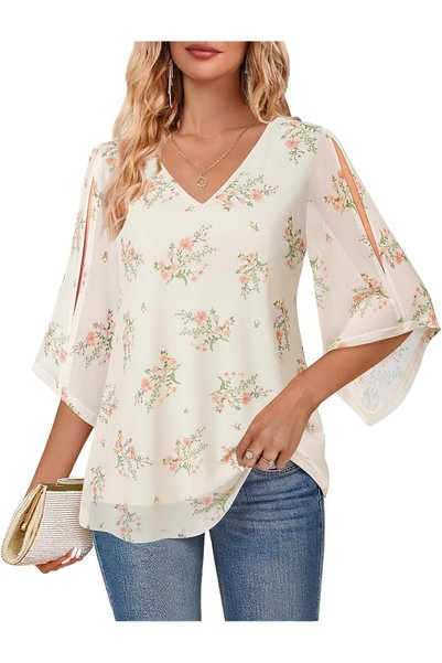 OtherMax Bluză Elegantă pentru Femei Tunică V-Neck Fluidă cu Flori Albă M