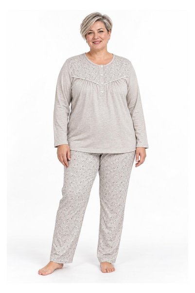 Nena Kadın Büyük Beden Yarım Düğmeli %100 Pamuk Anne Pijama Takımı C8T3N41