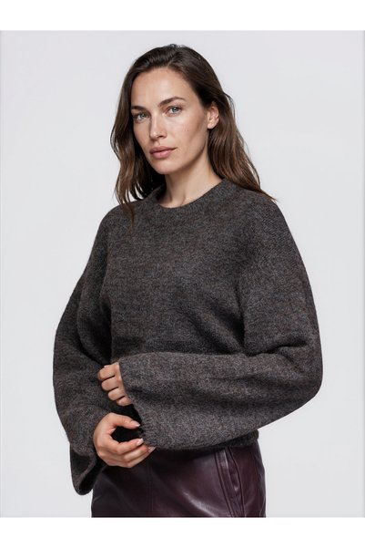 OMBRE Damenpullover, Taillenlang, Rundhalsausschnitt, Weite Glockenärmel, Bre...