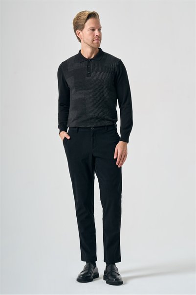 İmza Black Side Pocket Ribbed Pattern Velvet Comfort Fit Stretchy Chino Trous...