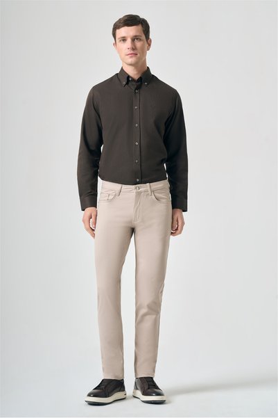 İmza Dark Beige 5-Pocket Gabardine Slim Fit Stretchy Trousers 1003265156