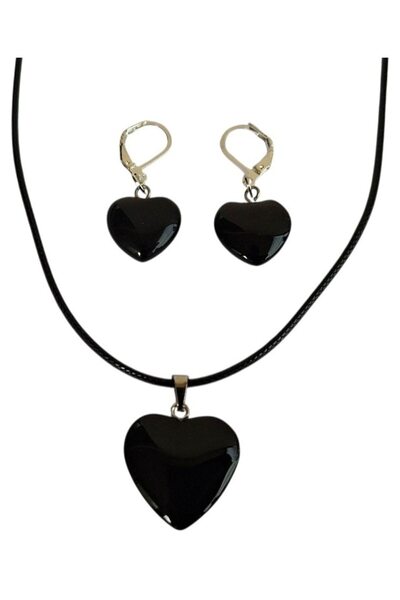 elegantwoman Set de cercei și pandantiv cu șnur, Onix, inimă, negru