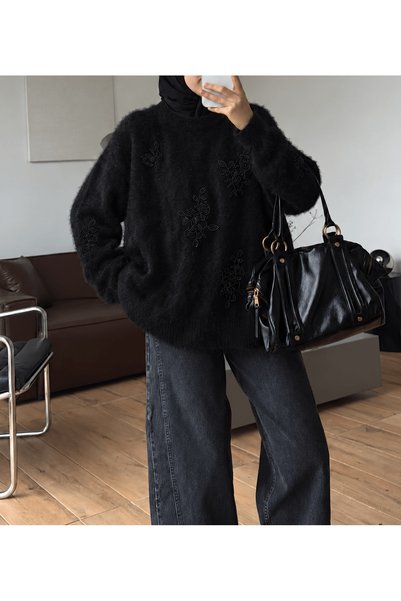 Hepsi Moda Bead Embroidered Angora Sweater - 2903 - Black (Os)